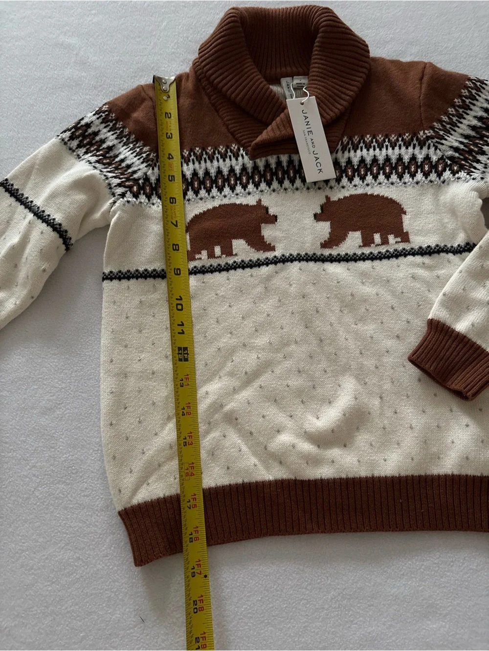 Janie and Jack Cream and Brown Bear Fair Isle Shawl Collar Sweater